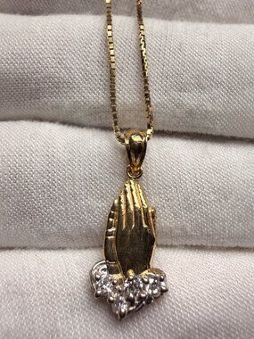 14K Two Tone Gold Cubic Z. Praying Hands Pendant With 0.8mm Box Chain - 24 inch